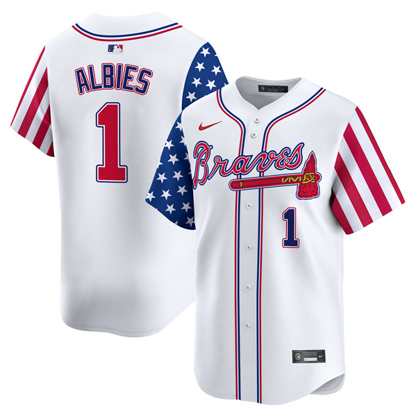 Men's Atlanta Braves #1 Ozzie Albies White 2024 Independence Day Vapor Limited Stitched Baseball Jersey Men's Atlanta Braves #1 Ozzie Albies White 2024 Independence Day Vapor Limited Stitched Baseball Jersey